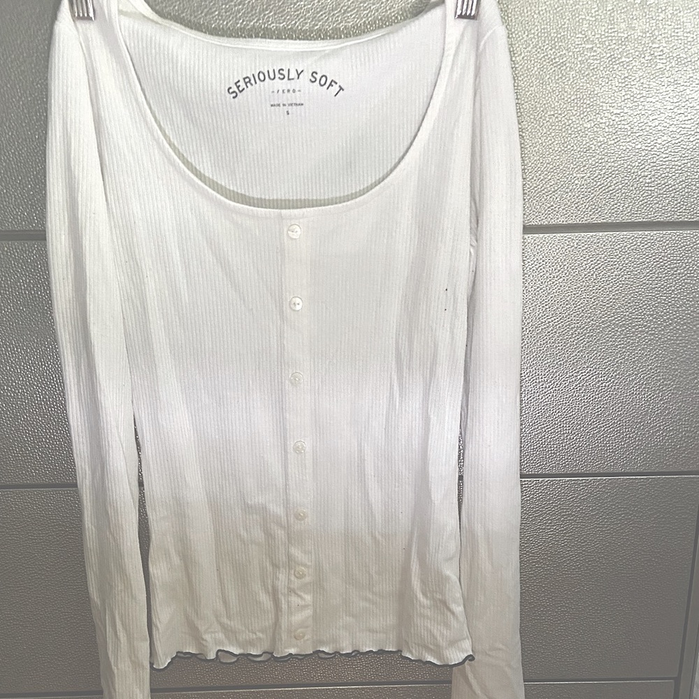 White AEROPOSTALE Seriously Soft Faux Button Up ribbed long sleeve